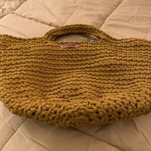 Crocheted handmade Mustard handbag with attached straps. 16” x 18” New